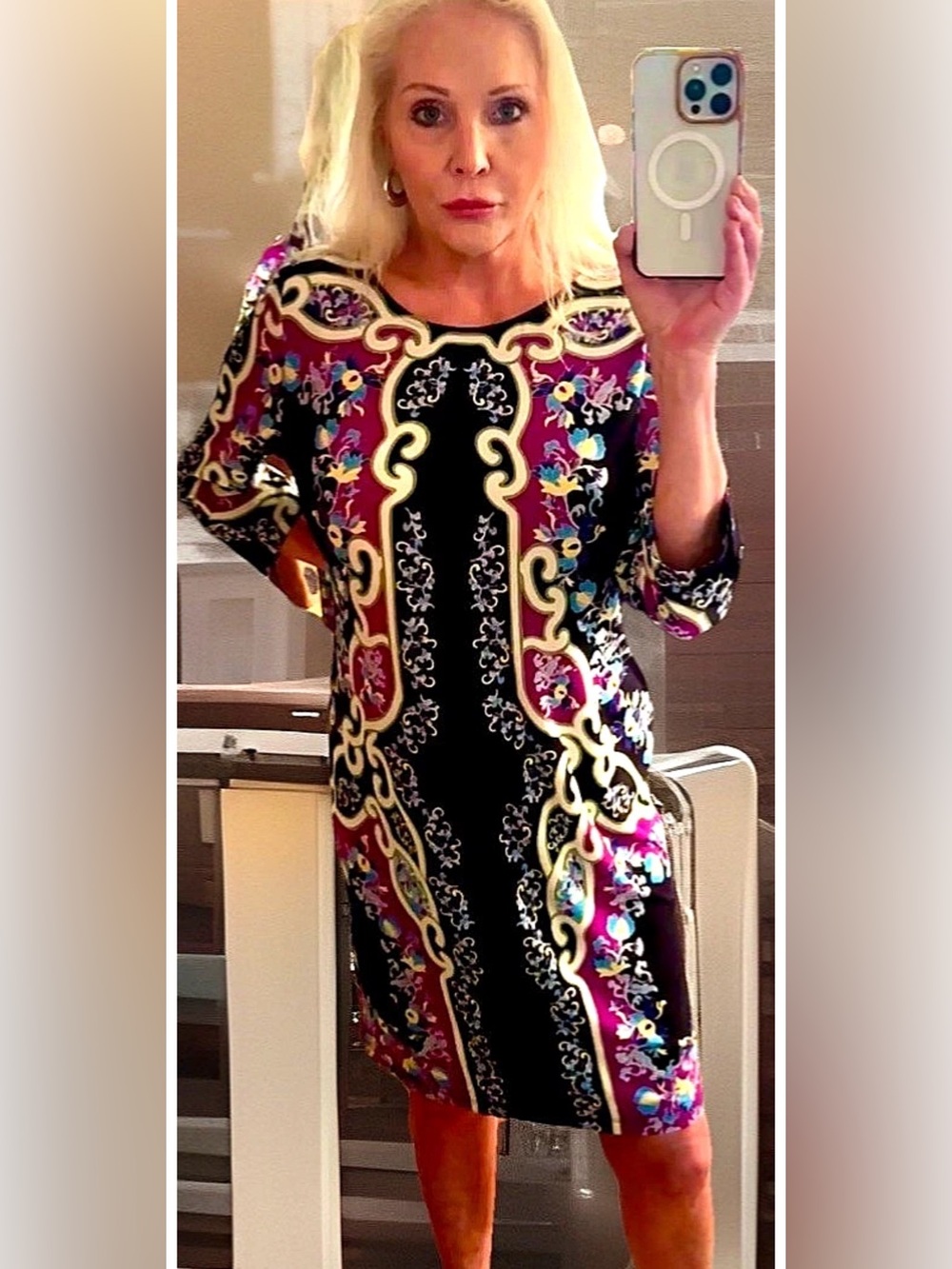 💜CHICO’S💜 FLORAL GEO COLOR-BLOCK 3/4 BRASS SNAP SLEEVE SHIFT DRESS